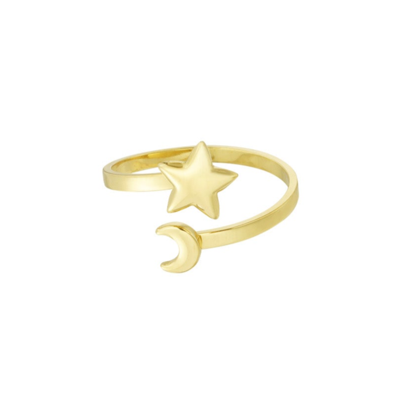 Anillo Ajustable Estrella y Luna en Dorado